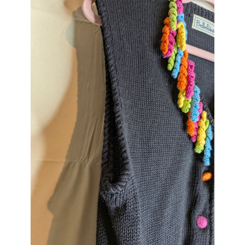 Vtg Colorful Knit Sweater Vest Granny Cardigan Rainbow Corkscrew Fringe Large - Picture 8 of 13